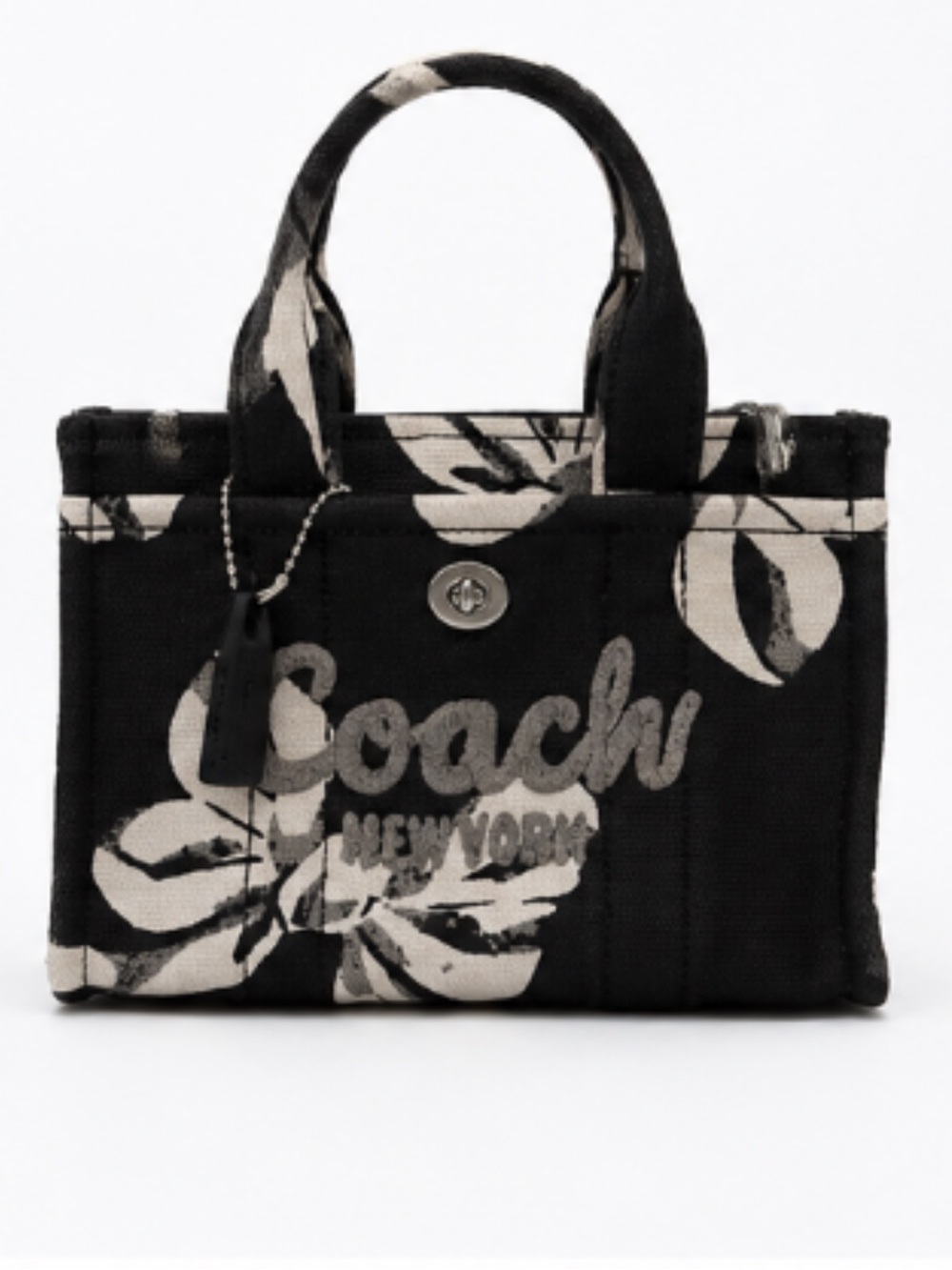 Coach Floral Canvas Mini Tote Crossbody Bag Black White Turnlock Logo
